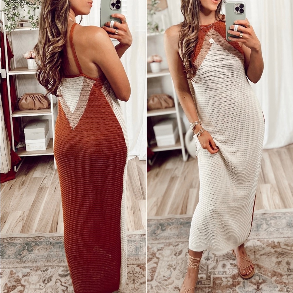 NWT neutral brown color block halter maxi dress